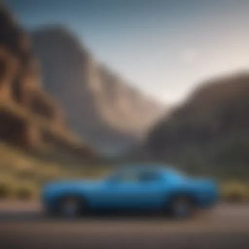 Striking light blue Dodge Challenger parked against a scenic backdrop