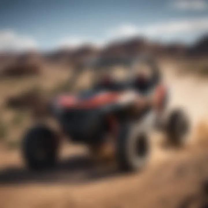 High-speed action of Polaris RZR on rugged terrain