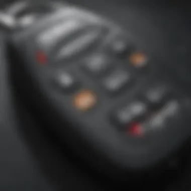 Close-up of a remote key fob with buttons for remote start