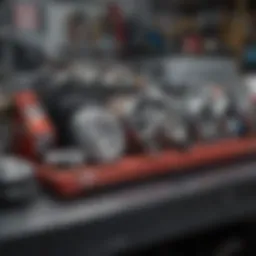 Diverse aftermarket parts displayed on a workshop bench