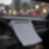 A close-up view of a car dashboard displaying an insurance policy document.