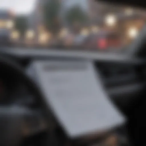 A close-up view of a car dashboard displaying an insurance policy document.