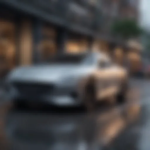 A sleek modern car parked in an urban environment, symbolizing lease options.