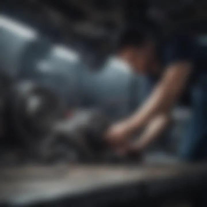 A technician performing maintenance on a vehicle's transmission system.