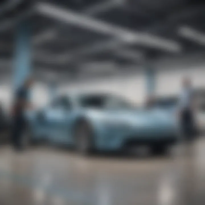 A modern vehicle being inspected in an innovative delivery hub