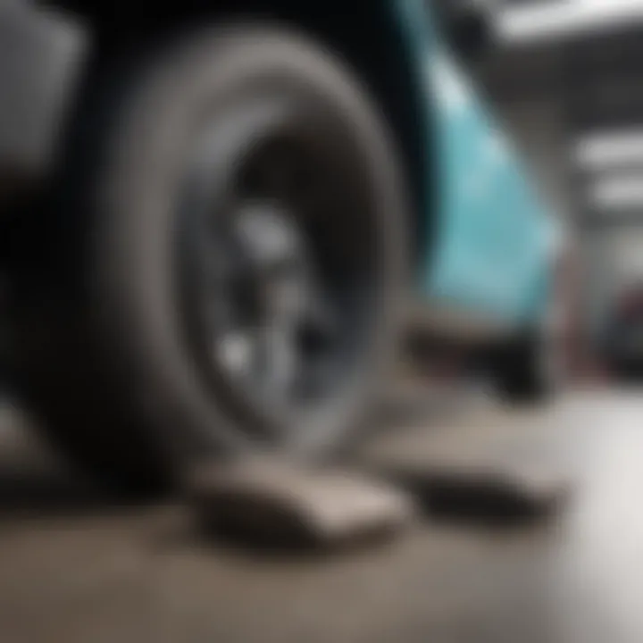 A mechanic inspecting brake pads during a vehicle maintenance check.