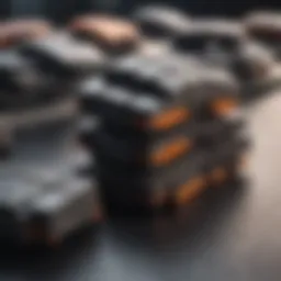 Close-up view of various brake pads showcasing different materials.