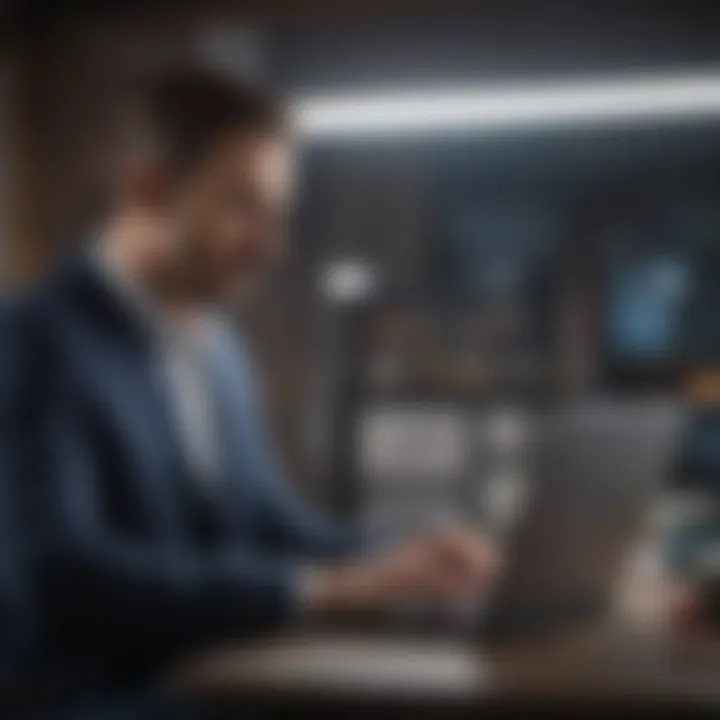 A business owner reviewing insurance options on a laptop