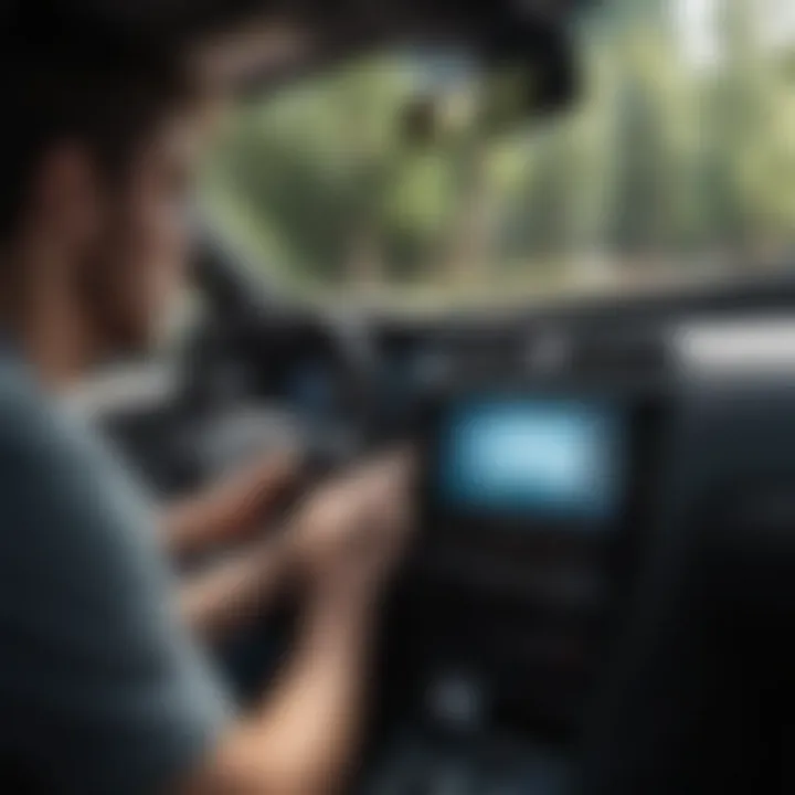 A technician demonstrating the installation of a double din player in a car.