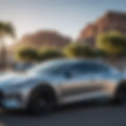 New car parked with a clear blue sky