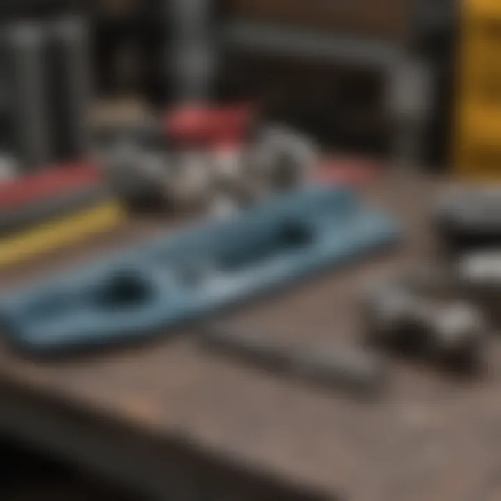 Maintenance tools and parts for gooseneck hitches laid out on a workbench.