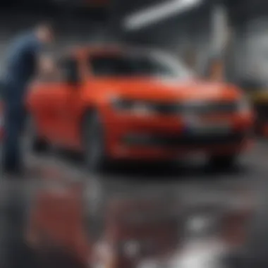 Mechanic inspecting a Volkswagen Passat GT during routine maintenance
