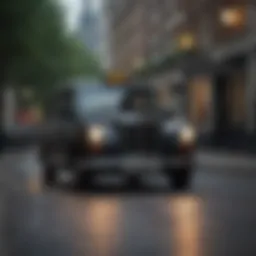 A traditional London black cab parked near a popular landmark