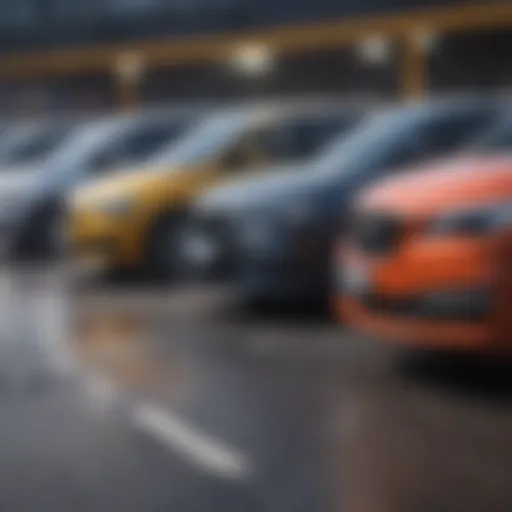 A variety of rental cars lined up in a parking lot