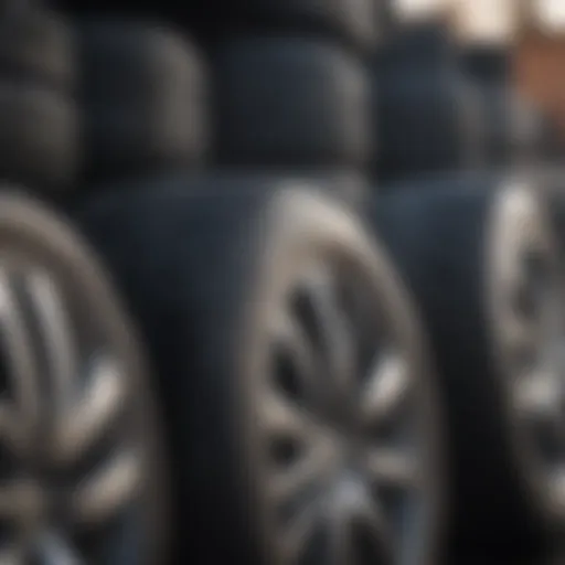 Close-up of various tire types on display