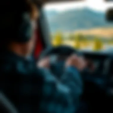 Driver interacting with the Jeep Wrangler's digital speedometer in a scenic environment.