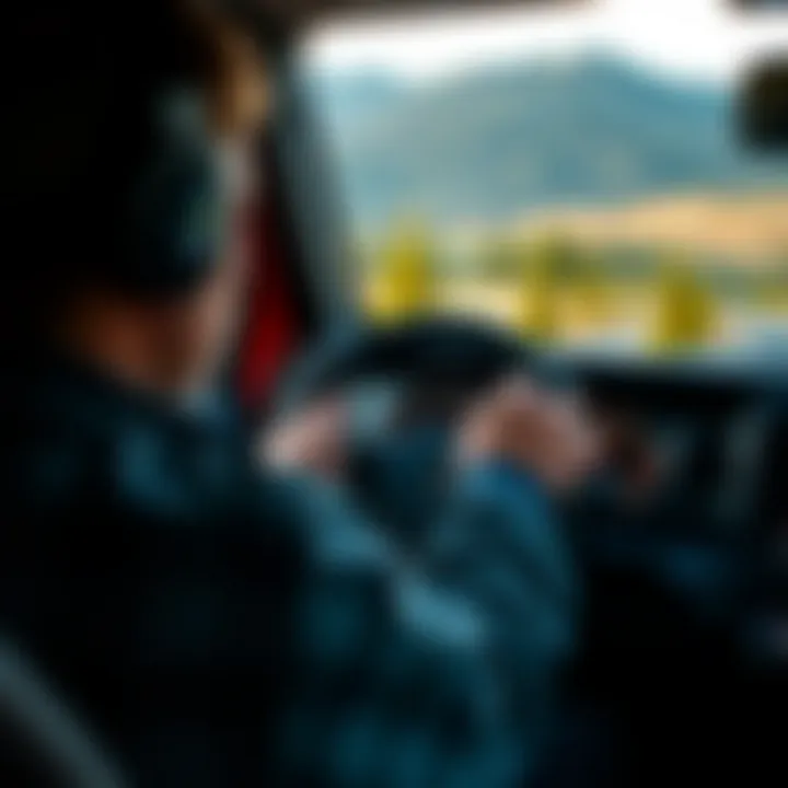 Driver interacting with the Jeep Wrangler's digital speedometer in a scenic environment.