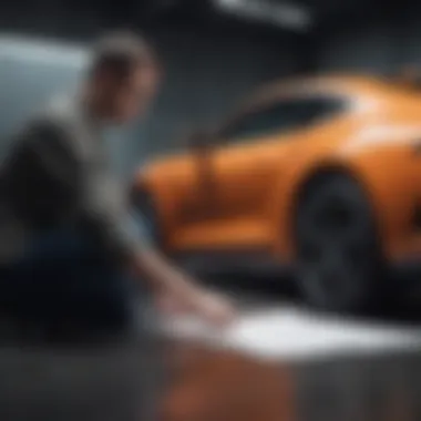 A confident automotive enthusiast examining a vehicle with a checklist