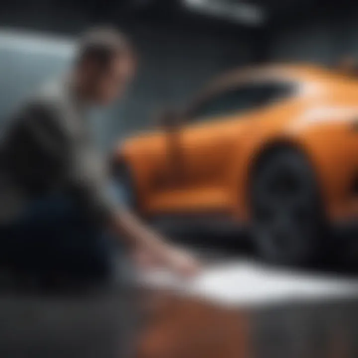 A confident automotive enthusiast examining a vehicle with a checklist