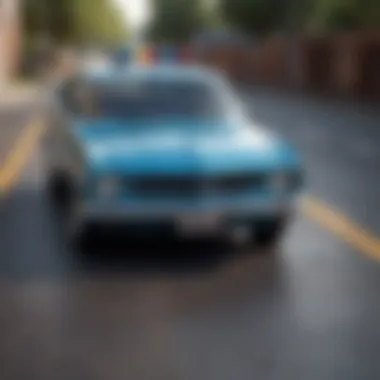 An illustration of a car on a safe road with a shield symbolizing safety.