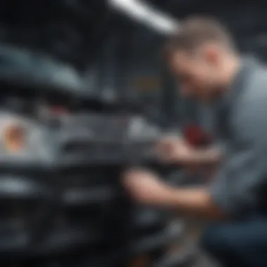 Automobile owner inspecting engine with a diagnostic tool