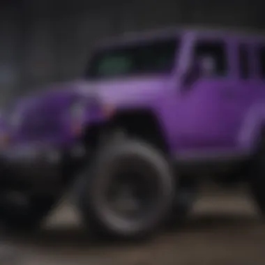 Close-up of the Xtreme Purple Jeep's unique color finish and design details.