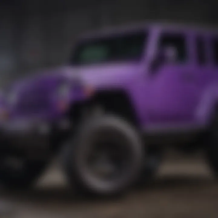 Close-up of the Xtreme Purple Jeep's unique color finish and design details.